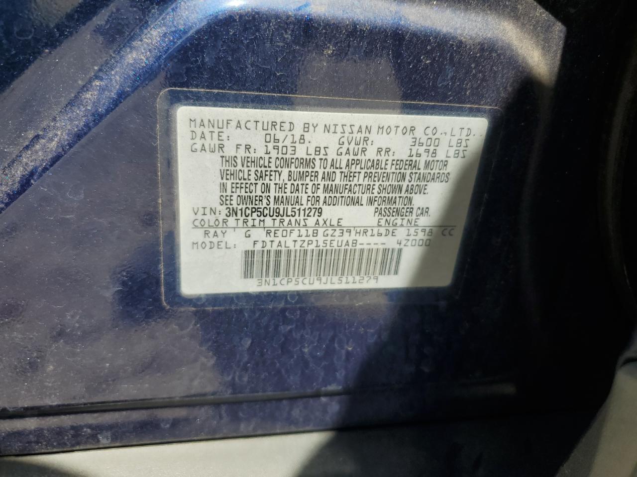 2018 Nissan Kicks S VIN: 3N1CP5CU9JL511279 Lot: 82138835