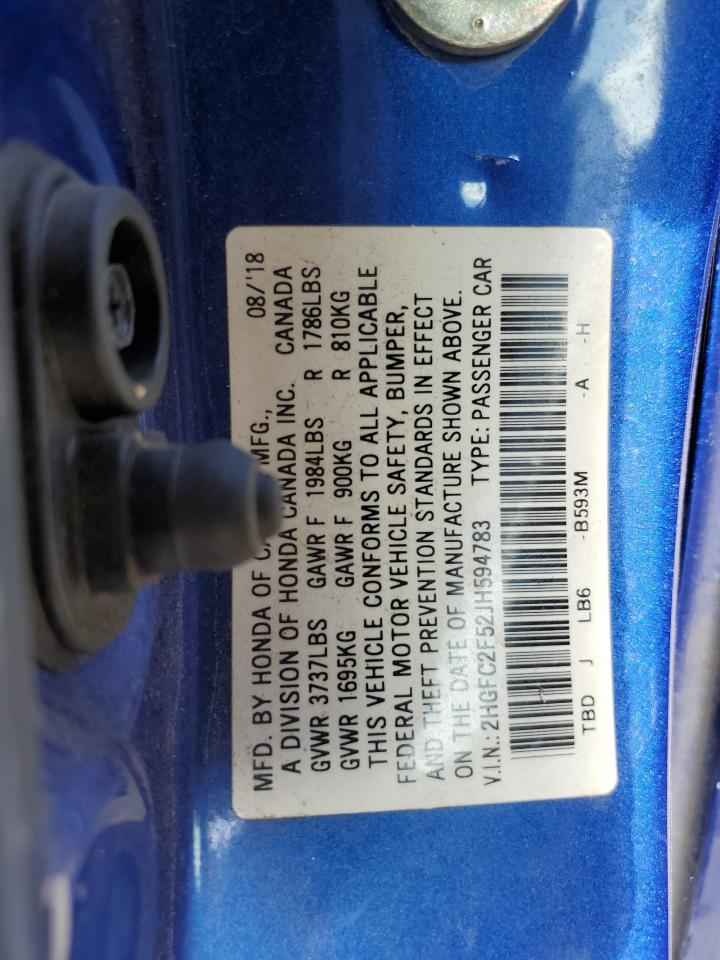 2018 Honda Civic Lx VIN: 2HGFC2F52JH594783 Lot: 71145725