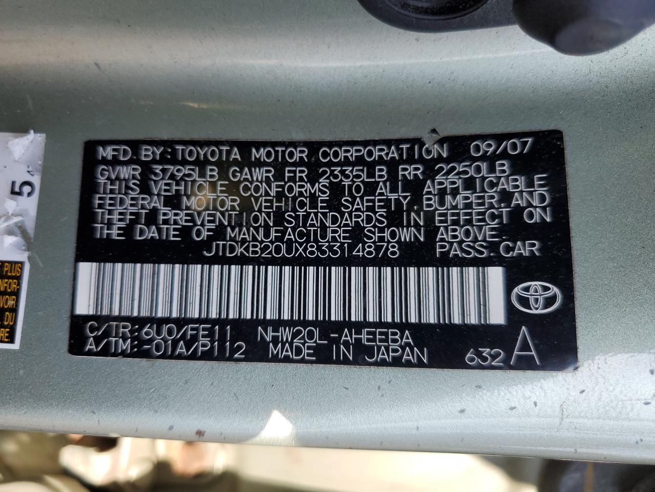 2008 Toyota Prius VIN: JTDKB20UX83314878 Lot: 71838115