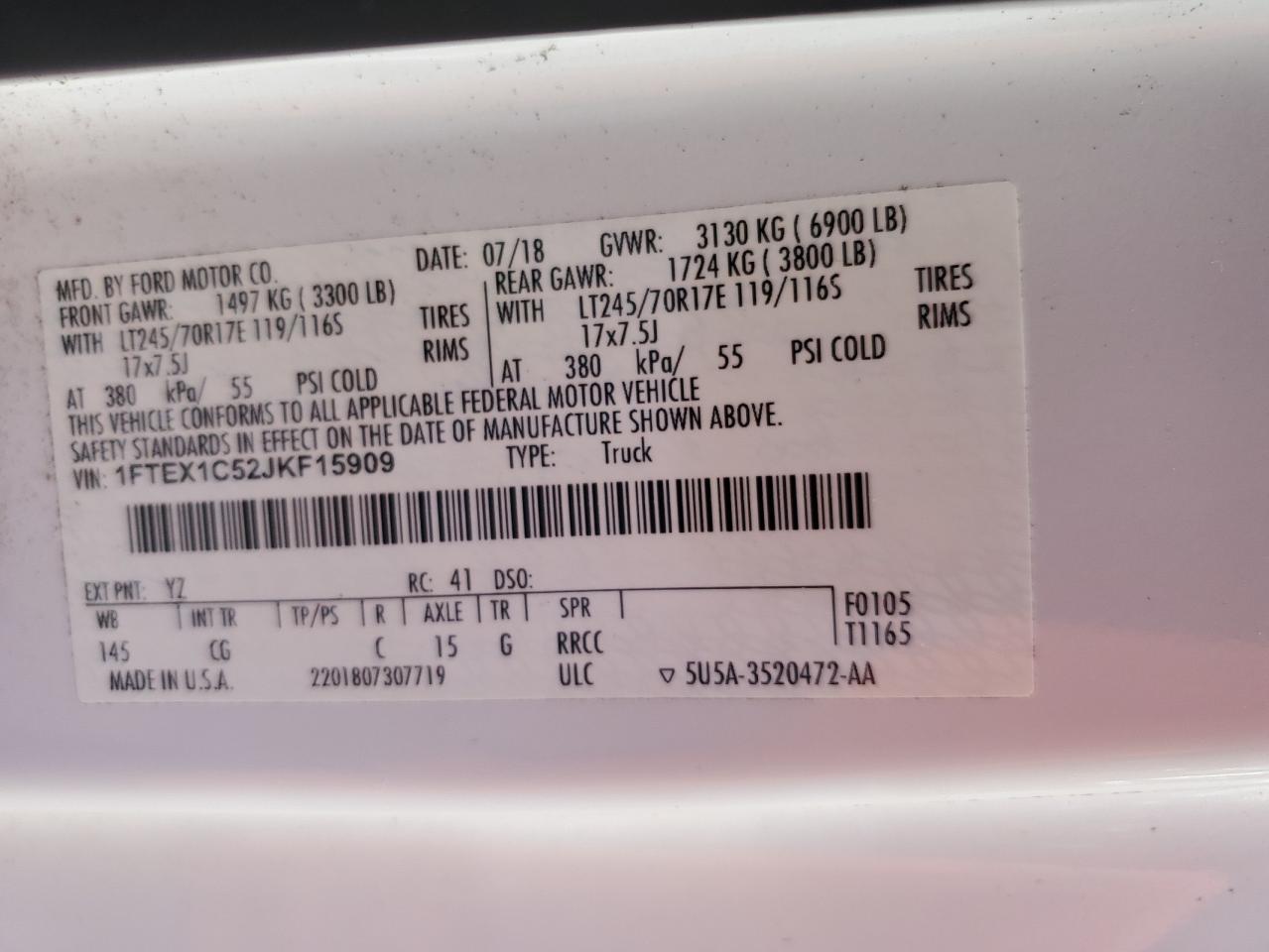 2018 Ford F150 Super Cab VIN: 1FTEX1C52JKF15909 Lot: 71581795