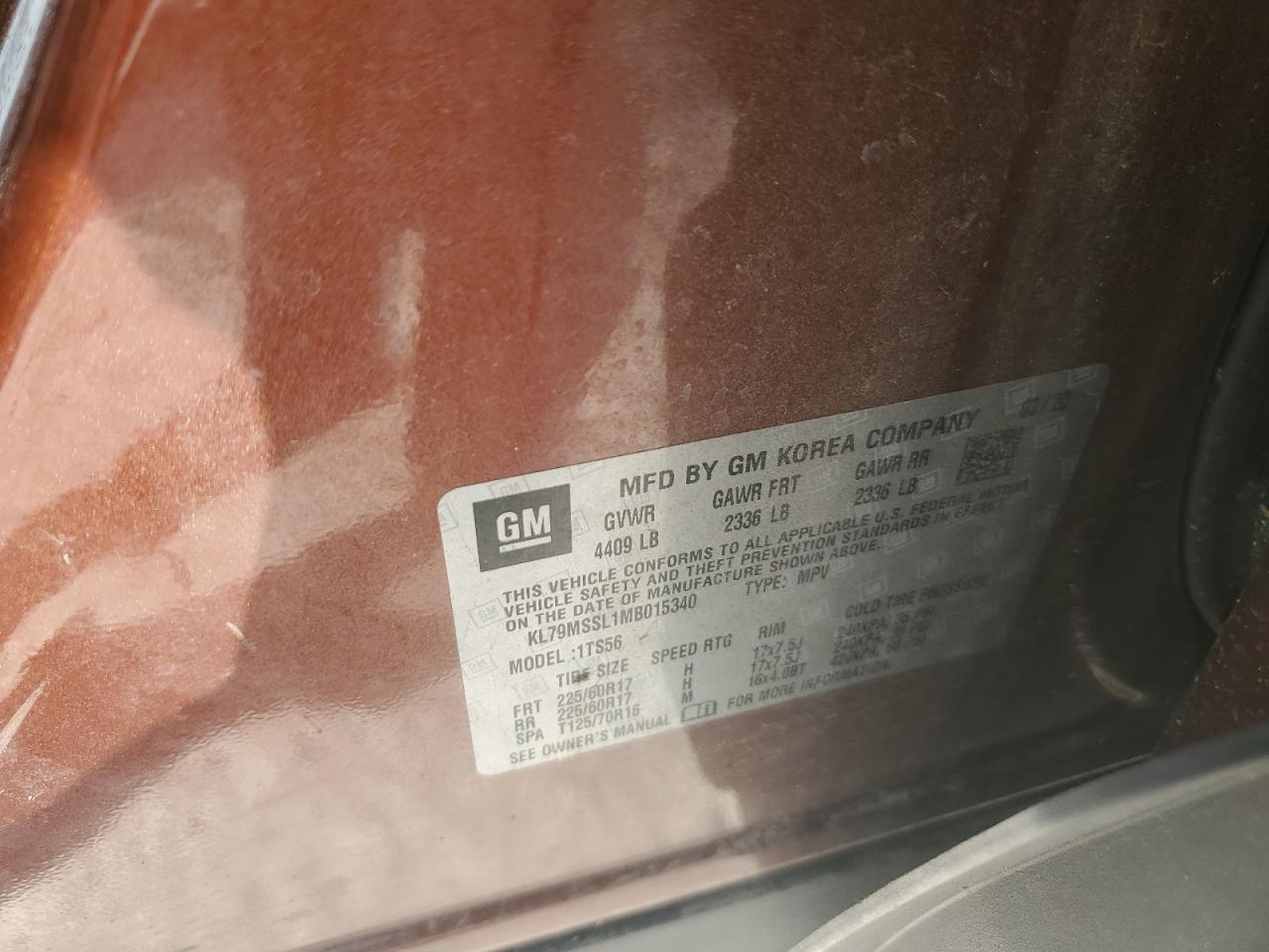 2021 Chevrolet Trailblazer Activ VIN: KL79MSSL1MB015340 Lot: 71814865