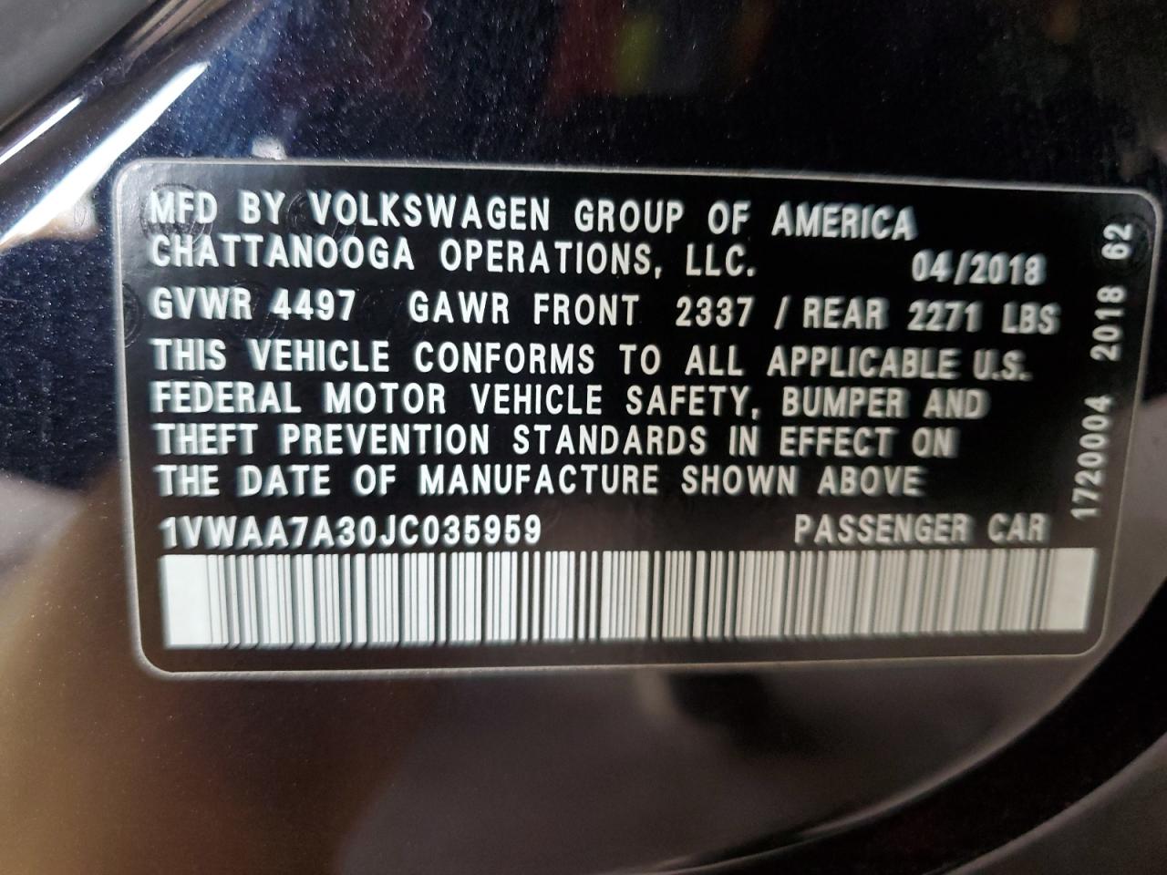 2018 Volkswagen Passat S VIN: 1VWAA7A30JC035959 Lot: 71684775