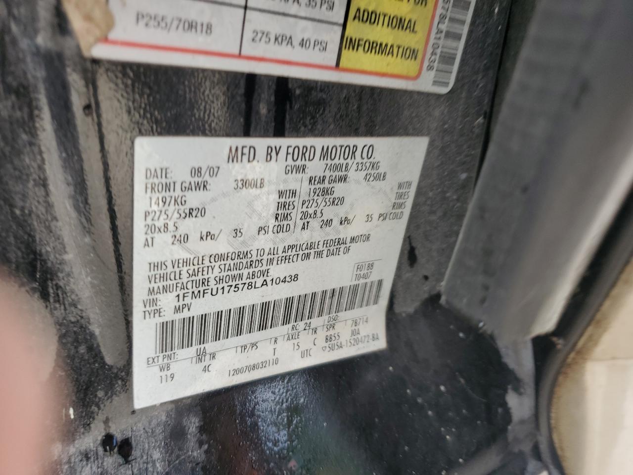 2008 Ford Expedition Eddie Bauer VIN: 1FMFU17578LA10438 Lot: 84050115