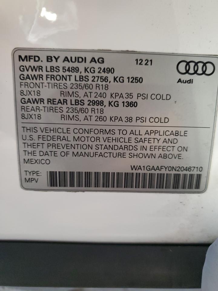 2022 Audi Q5 Premium 45 VIN: WA1GAAFY0N2046710 Lot: 71644985