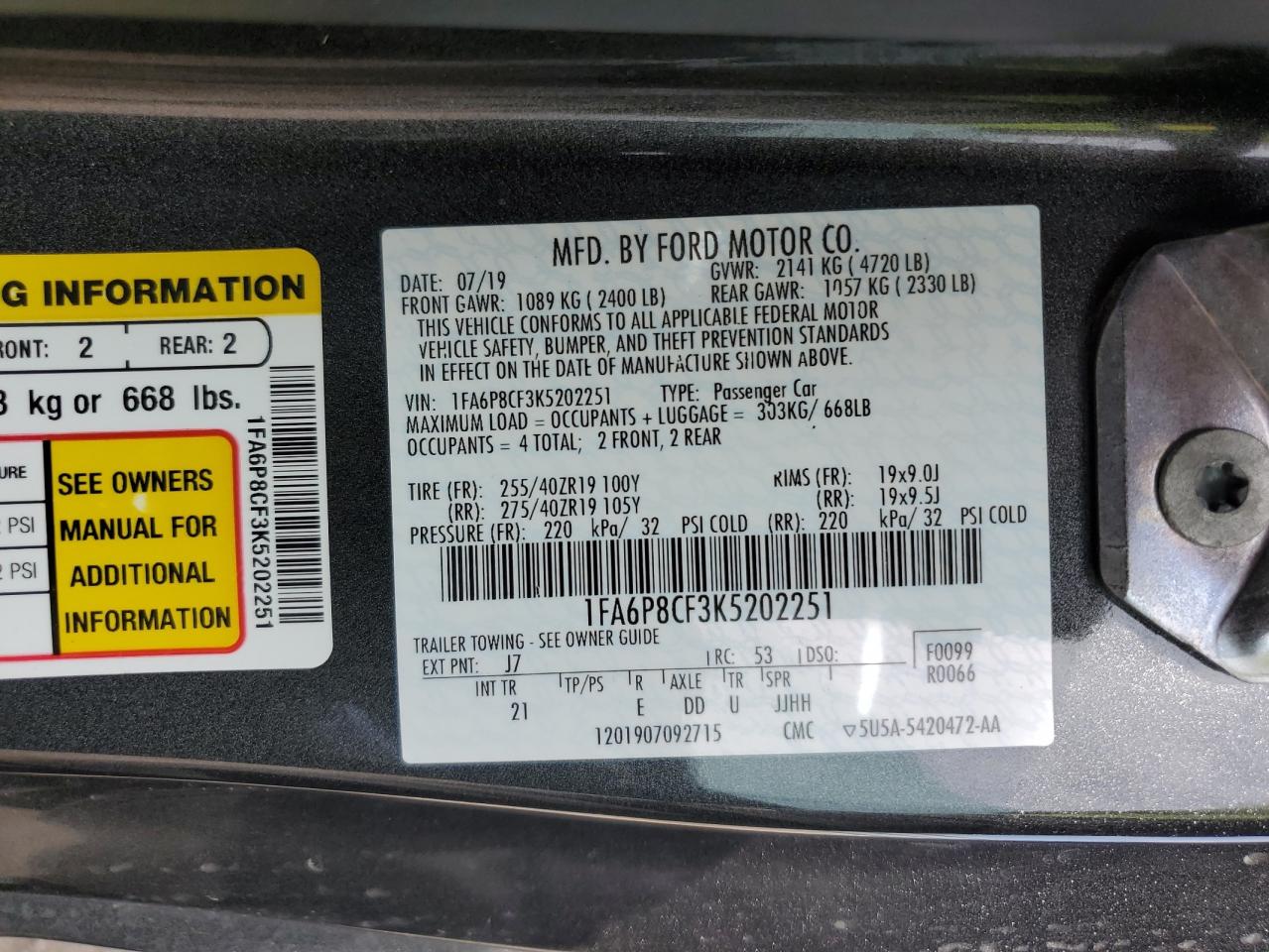 2019 Ford Mustang Gt VIN: 1FA6P8CF3K5202251 Lot: 71868045