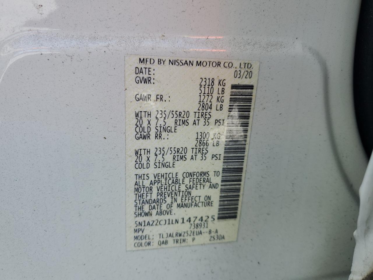 2020 Nissan Murano Sl VIN: 5N1AZ2CJ1LN147425 Lot: 80198345