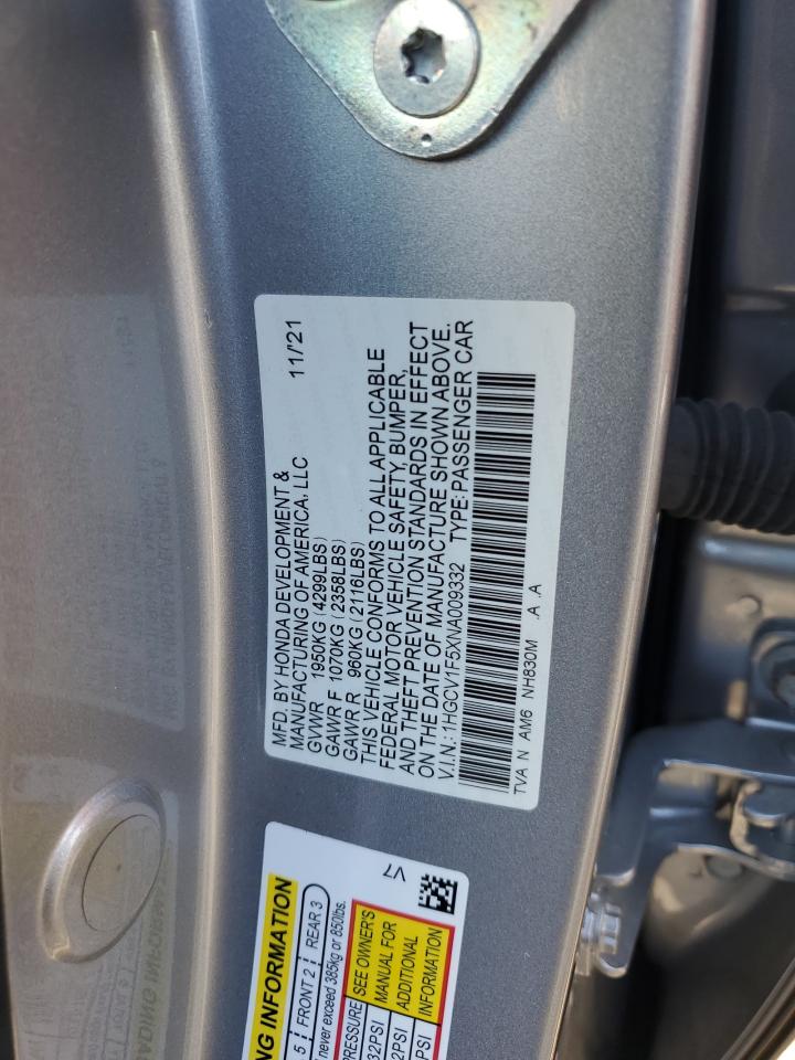 2022 Honda Accord Exl VIN: 1HGCV1F5XNA009332 Lot: 80754995