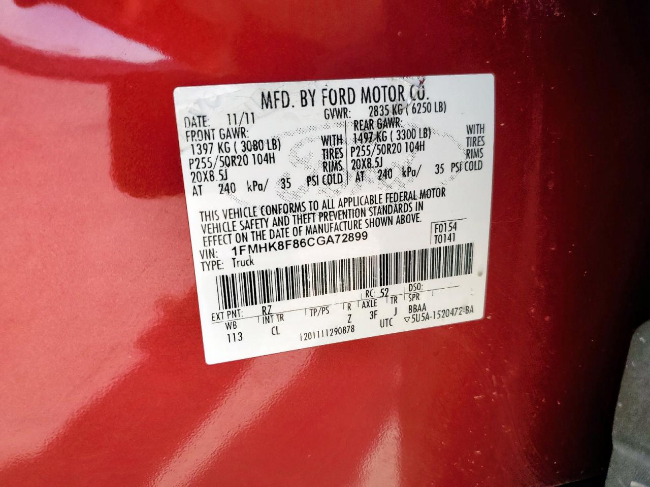 2012 Ford Explorer Limited VIN: 1FMHK8F86CGA72899 Lot: 80176645