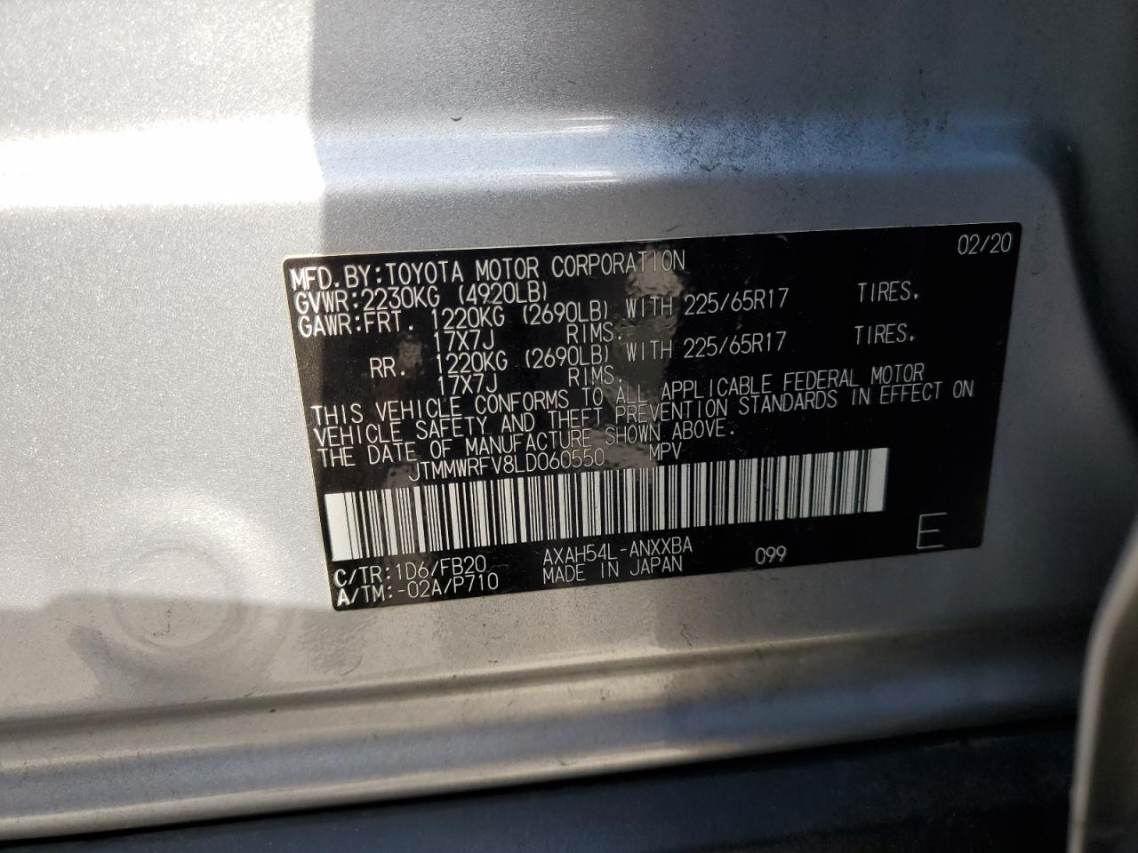 2020 Toyota Rav4 Le VIN: JTMMWRFV8LD060550 Lot: 72051455