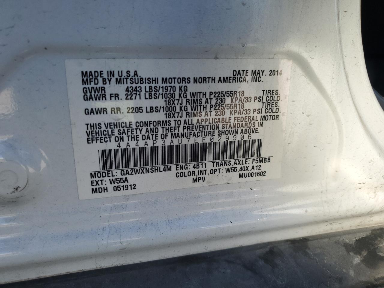 2014 Mitsubishi Outlander Sport Es VIN: 4A4AP3AU7EE029906 Lot: 80583665