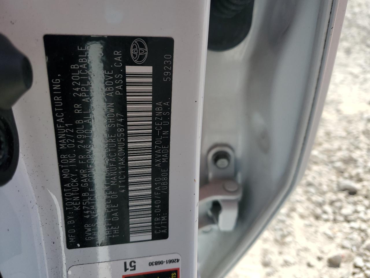 2021 Toyota Camry Le VIN: 4T1C11AK0MU558747 Lot: 82055075