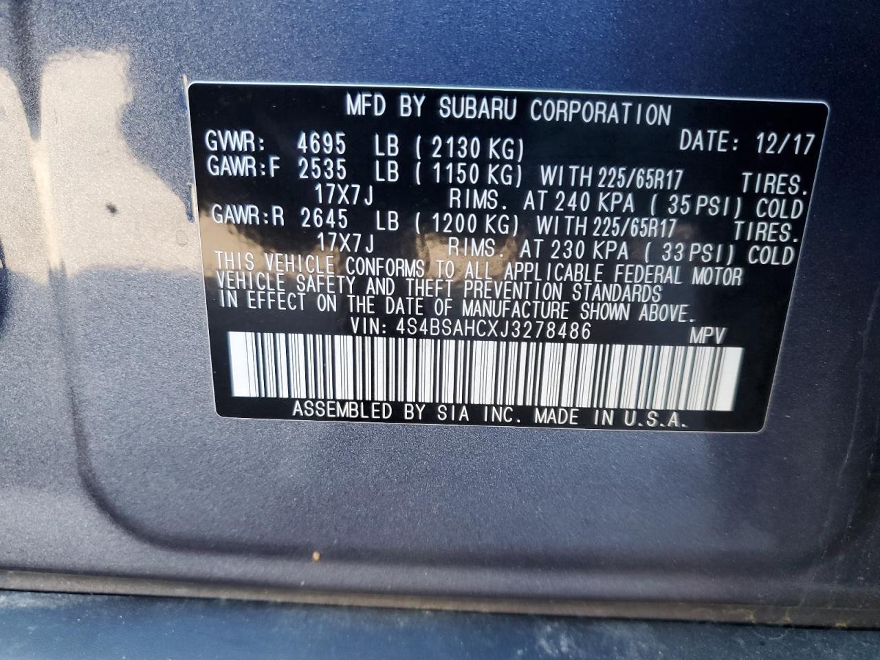 2018 Subaru Outback 2.5I Premium VIN: 4S4BSAHCXJ3278486 Lot: 81284975