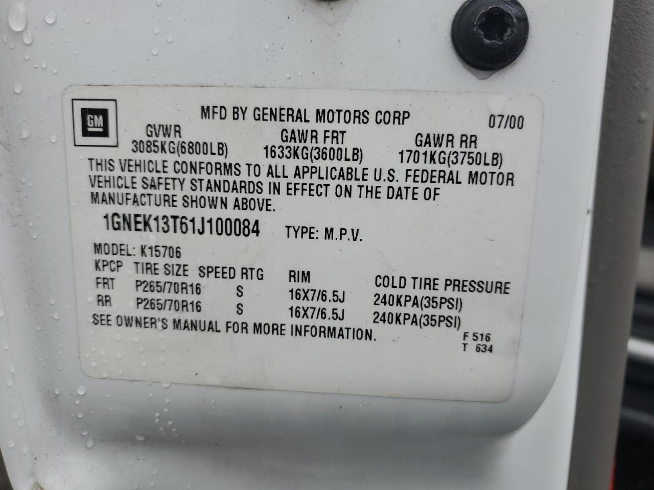 2001 Chevrolet Tahoe K1500 VIN: 1GNEK13T61J100084 Lot: 83929515