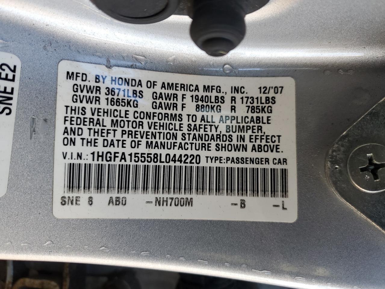 2008 Honda Civic Lx VIN: 1HGFA15558L044220 Lot: 71536285