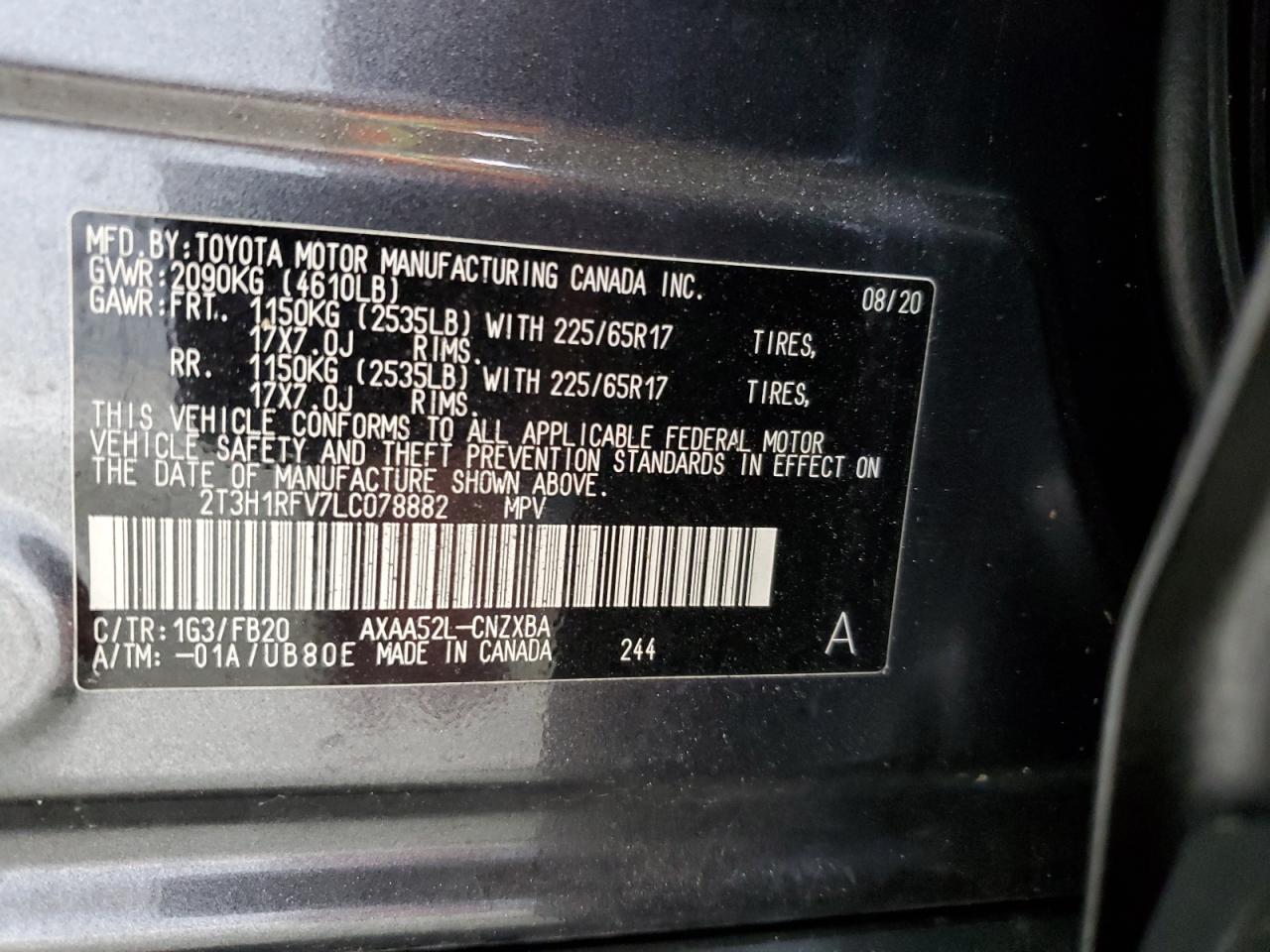 2020 Toyota Rav4 Le VIN: 2T3H1RFV7LC078882 Lot: 70665155