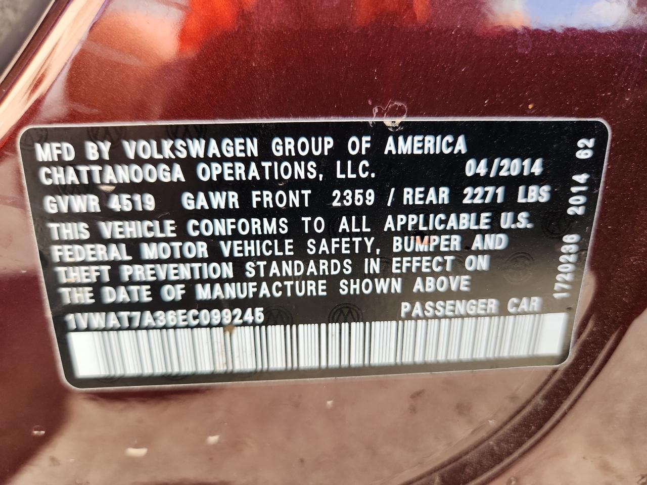 2014 Volkswagen Passat S VIN: 1VWAT7A36EC099245 Lot: 81452415