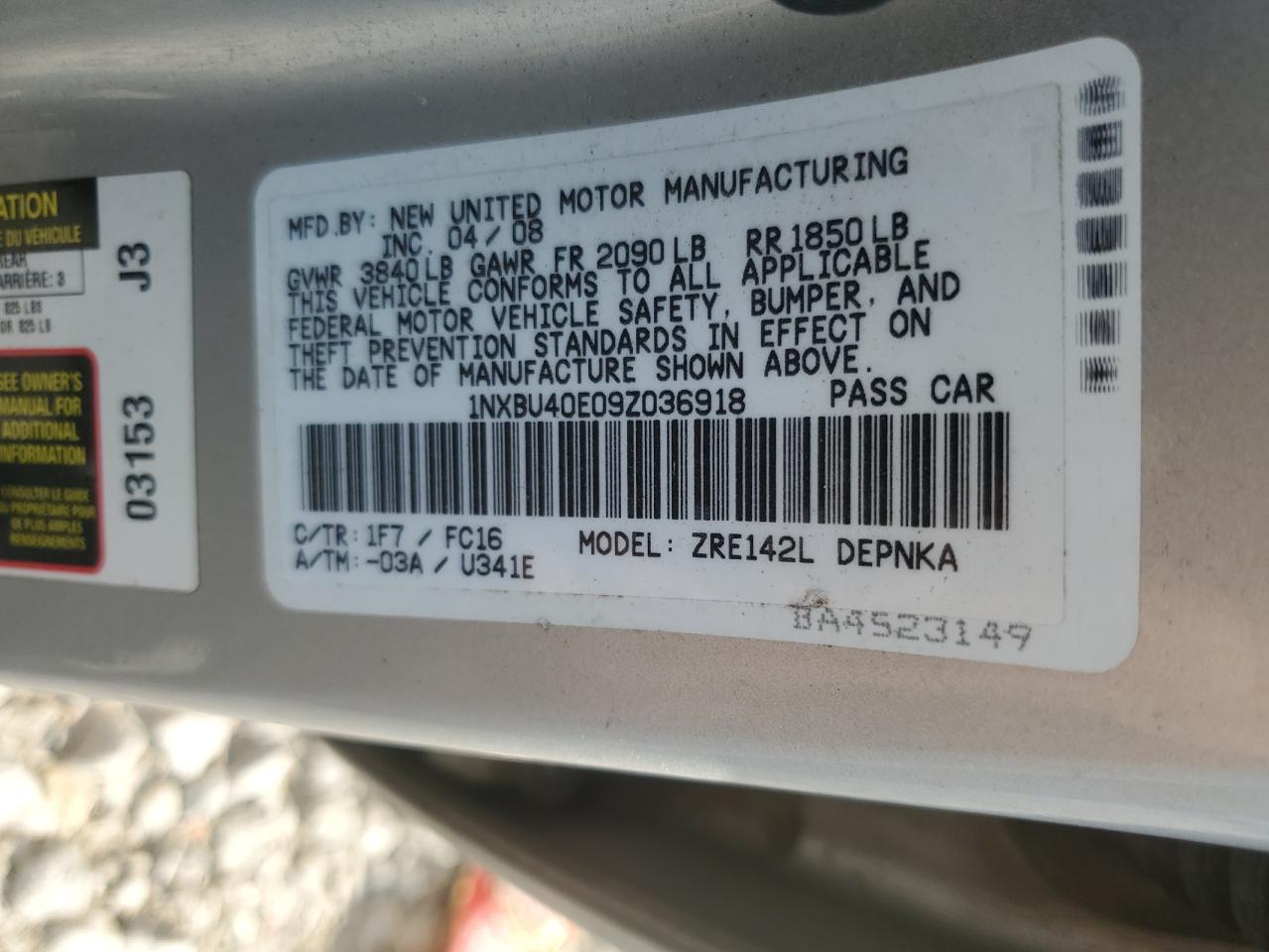 2009 Toyota Corolla Base VIN: 1NXBU40E09Z036918 Lot: 80124875