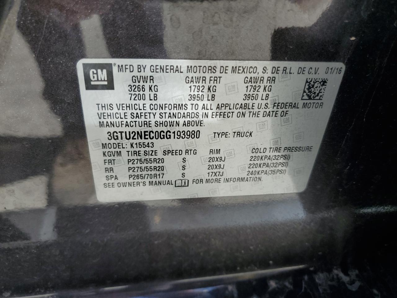 2016 GMC Sierra K1500 Slt VIN: 3GTU2NEC0GG193980 Lot: 70532375