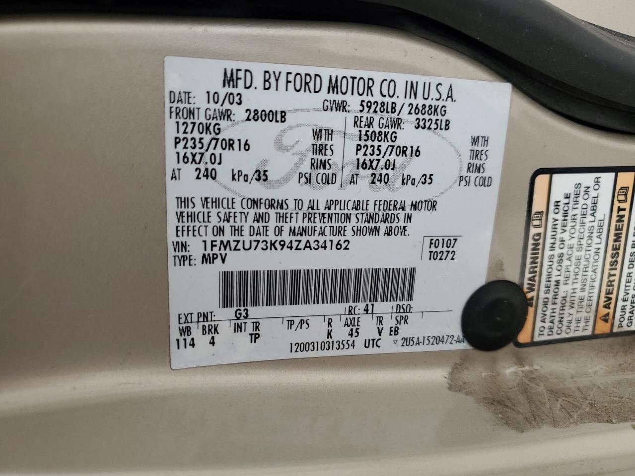 2004 Ford Explorer Xlt VIN: 1FMZU73K94ZA34162 Lot: 93829805