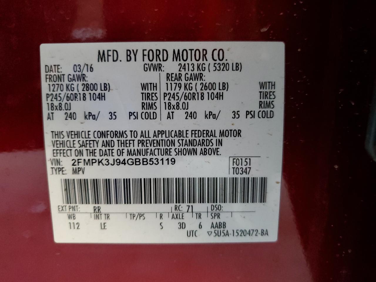 2016 Ford Edge Sel VIN: 2FMPK3J94GBB53119 Lot: 81344505