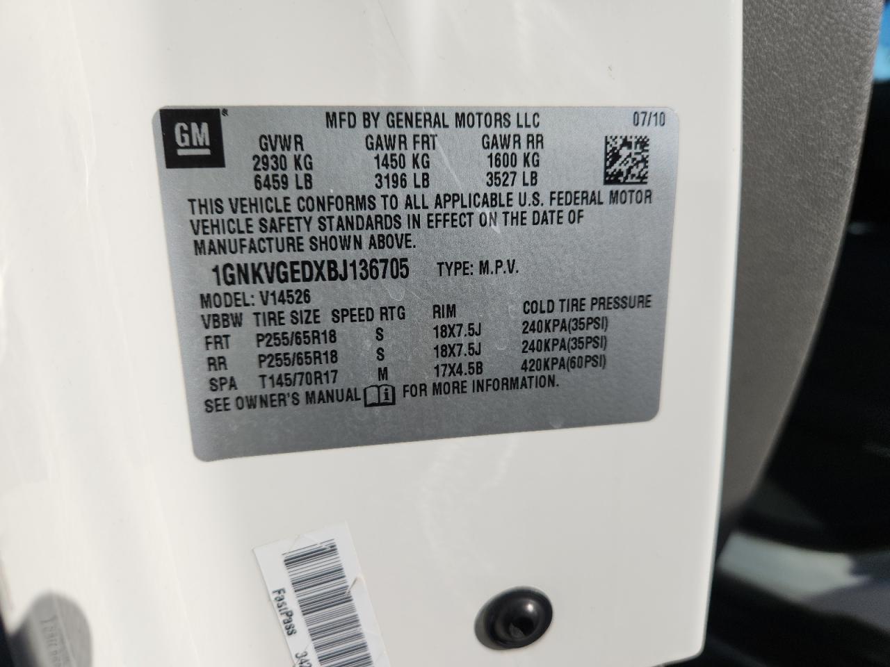 2011 Chevrolet Traverse Lt VIN: 1GNKVGEDXBJ136705 Lot: 81701775