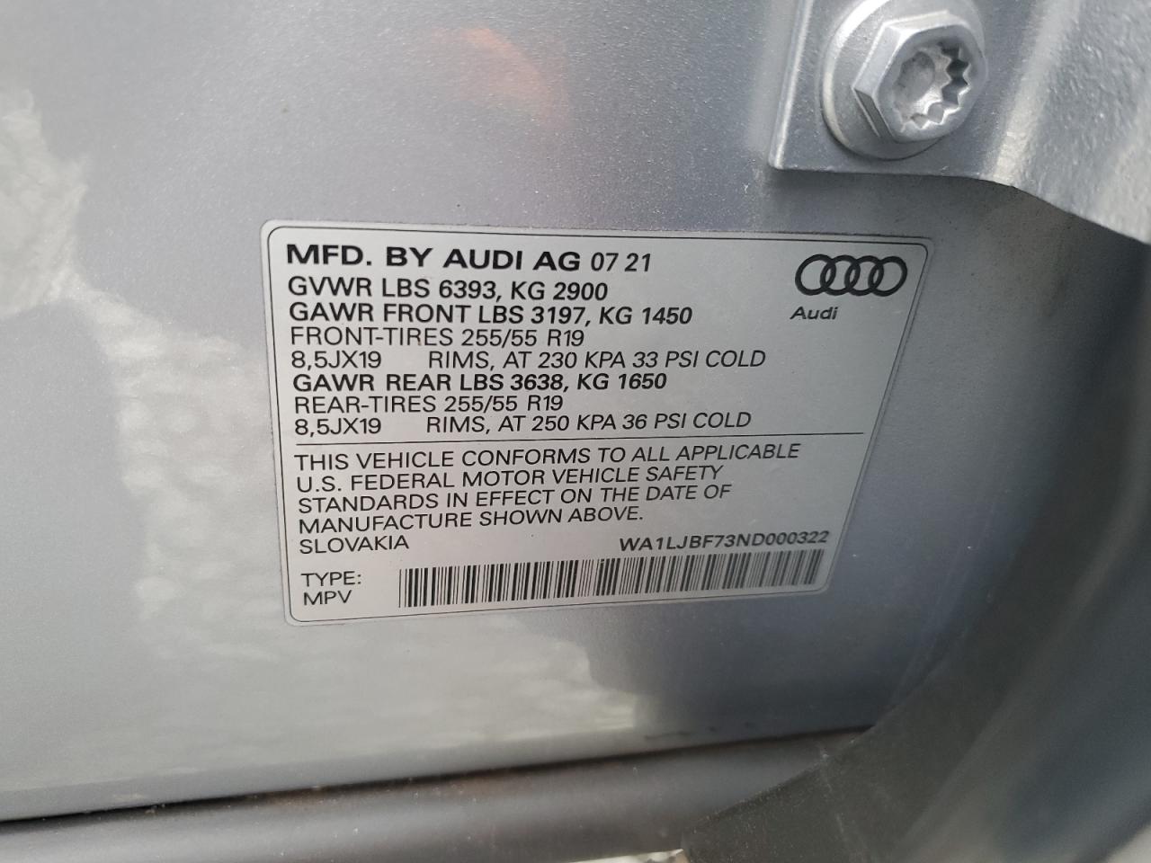 2022 Audi Q7 Premium Plus VIN: WA1LJBF73ND000322 Lot: 80738555