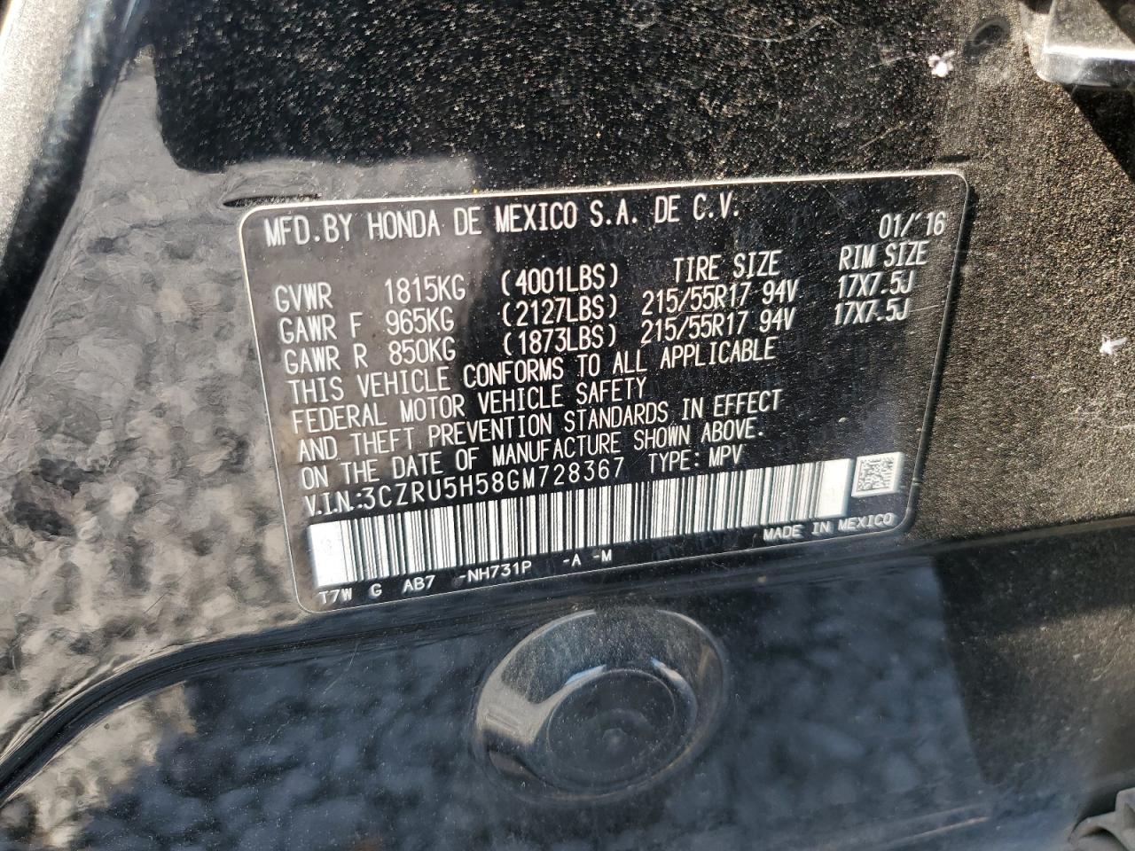 2016 Honda Hr-V Ex VIN: 3CZRU5H58GM728367 Lot: 71786425