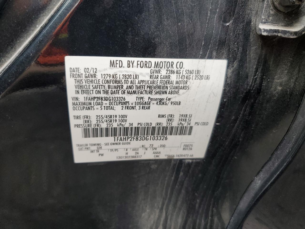 2013 Ford Taurus Limited VIN: 1FAHP2F83DG103326 Lot: 81303415