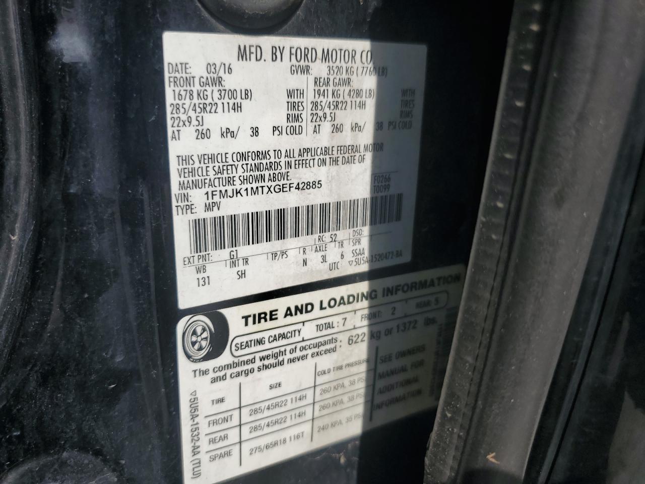 2016 Ford Expedition El Platinum VIN: 1FMJK1MTXGEF42885 Lot: 82089235