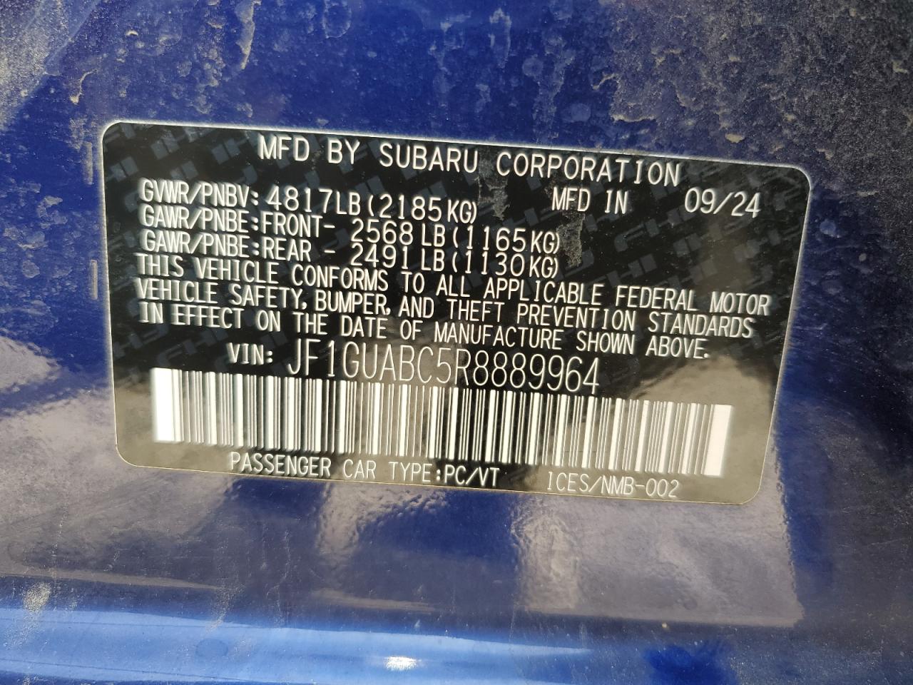 2024 Subaru Impreza VIN: JF1GUABC5R8889964 Lot: 84293235