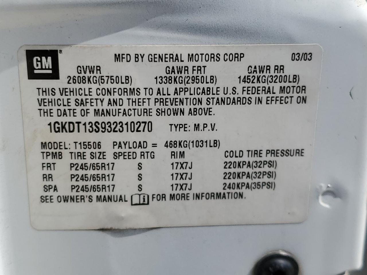 2003 GMC Envoy VIN: 1GKDT13S932310270 Lot: 71433535