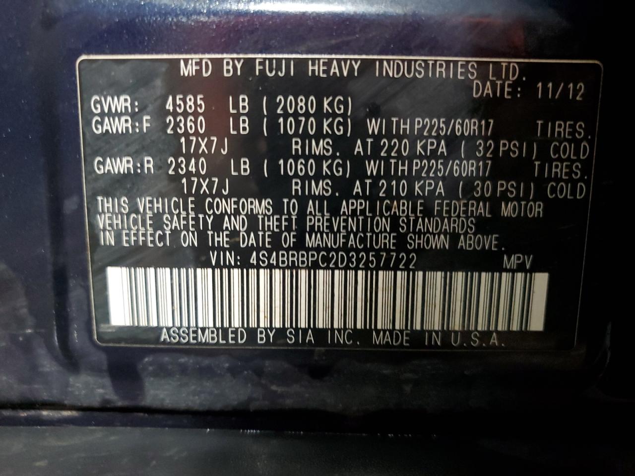 2013 Subaru Outback 2.5I Limited VIN: 4S4BRBPC2D3257722 Lot: 83838475