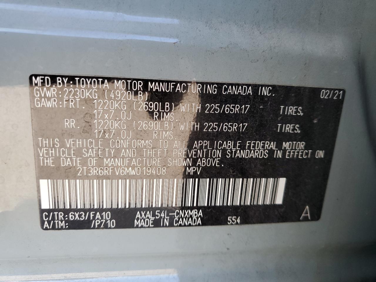 2021 Toyota Rav4 Xle VIN: 2T3R6RFV6MW019408 Lot: 84390525