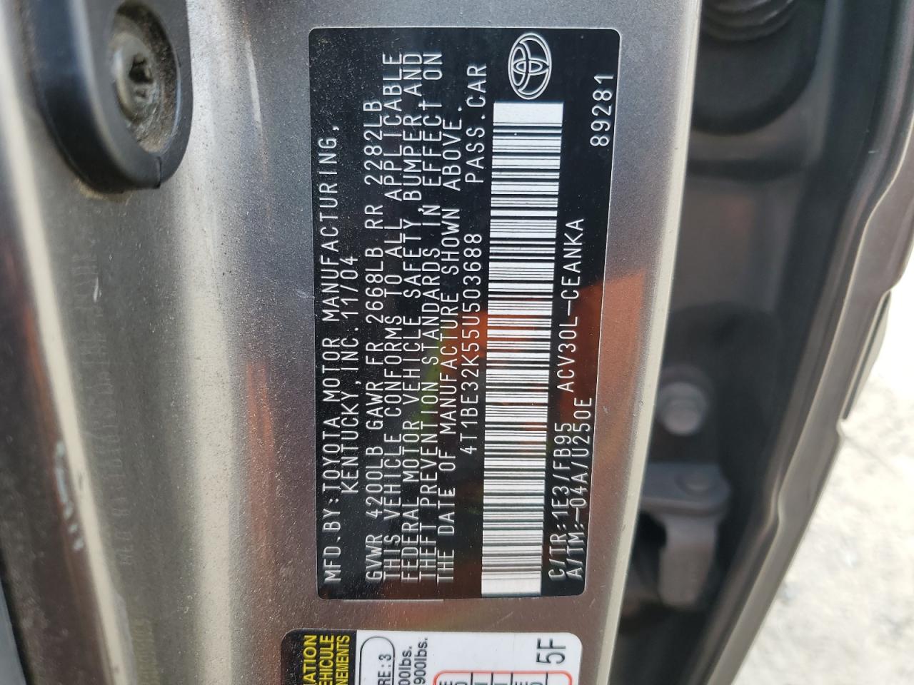2005 Toyota Camry Le VIN: 4T1BE32K55U503688 Lot: 80491165