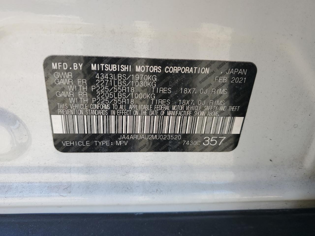 2021 Mitsubishi Outlander Sport Es VIN: JA4ARUAU2MU023520 Lot: 71645275