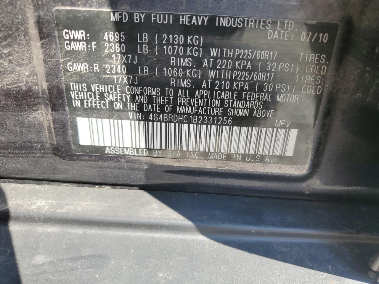 2011 Subaru Outback 3.6R Premium VIN: 4S4BRDHC1B2331256 Lot: 68705415