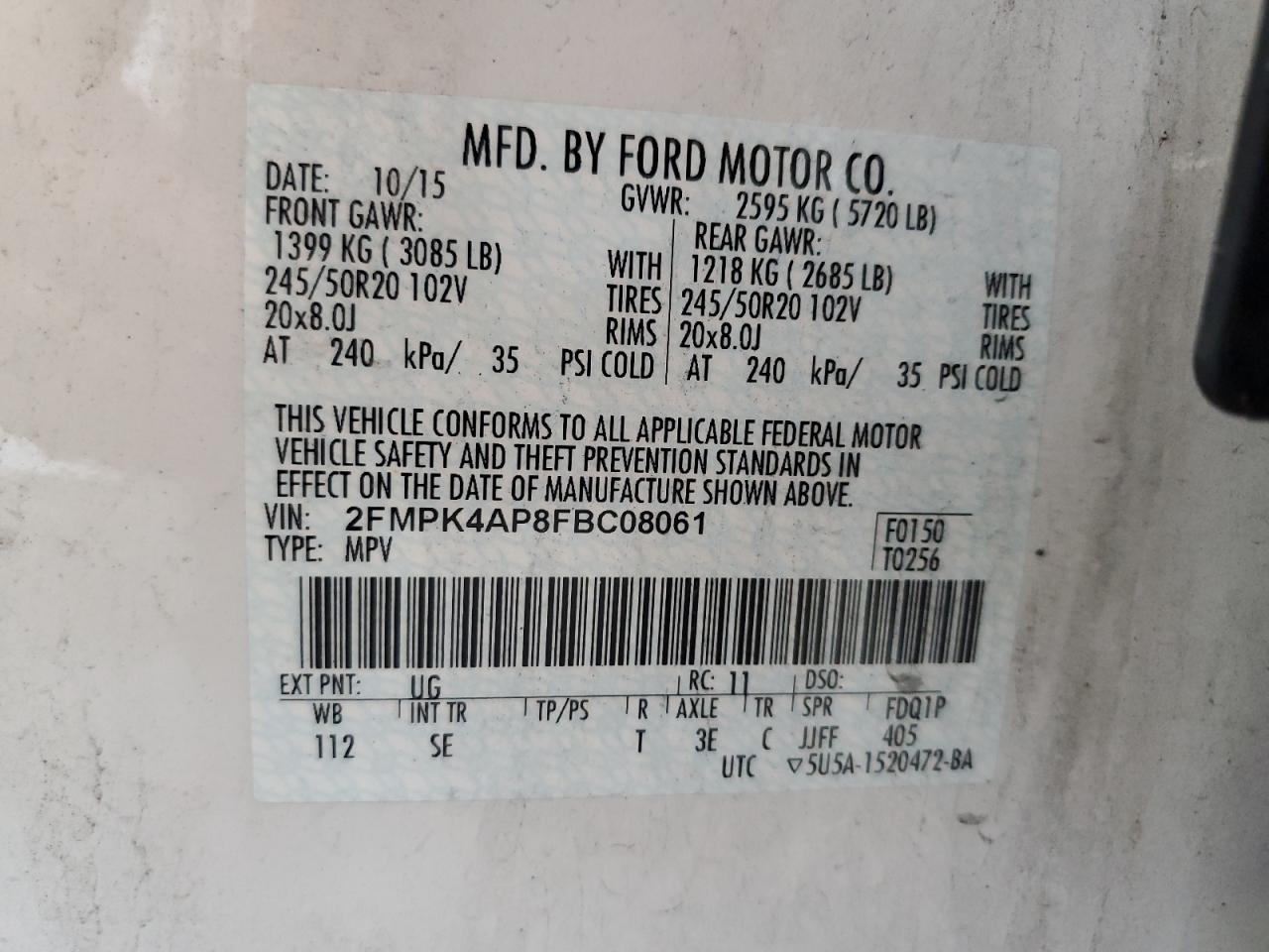 2015 Ford Edge Sport VIN: 2FMPK4AP8FBC08061 Lot: 82080015