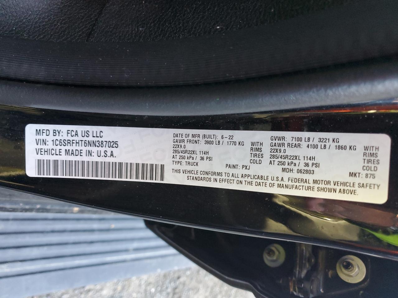 2022 Ram 1500 Limited VIN: 1C6SRFHT6NN387025 Lot: 82109905