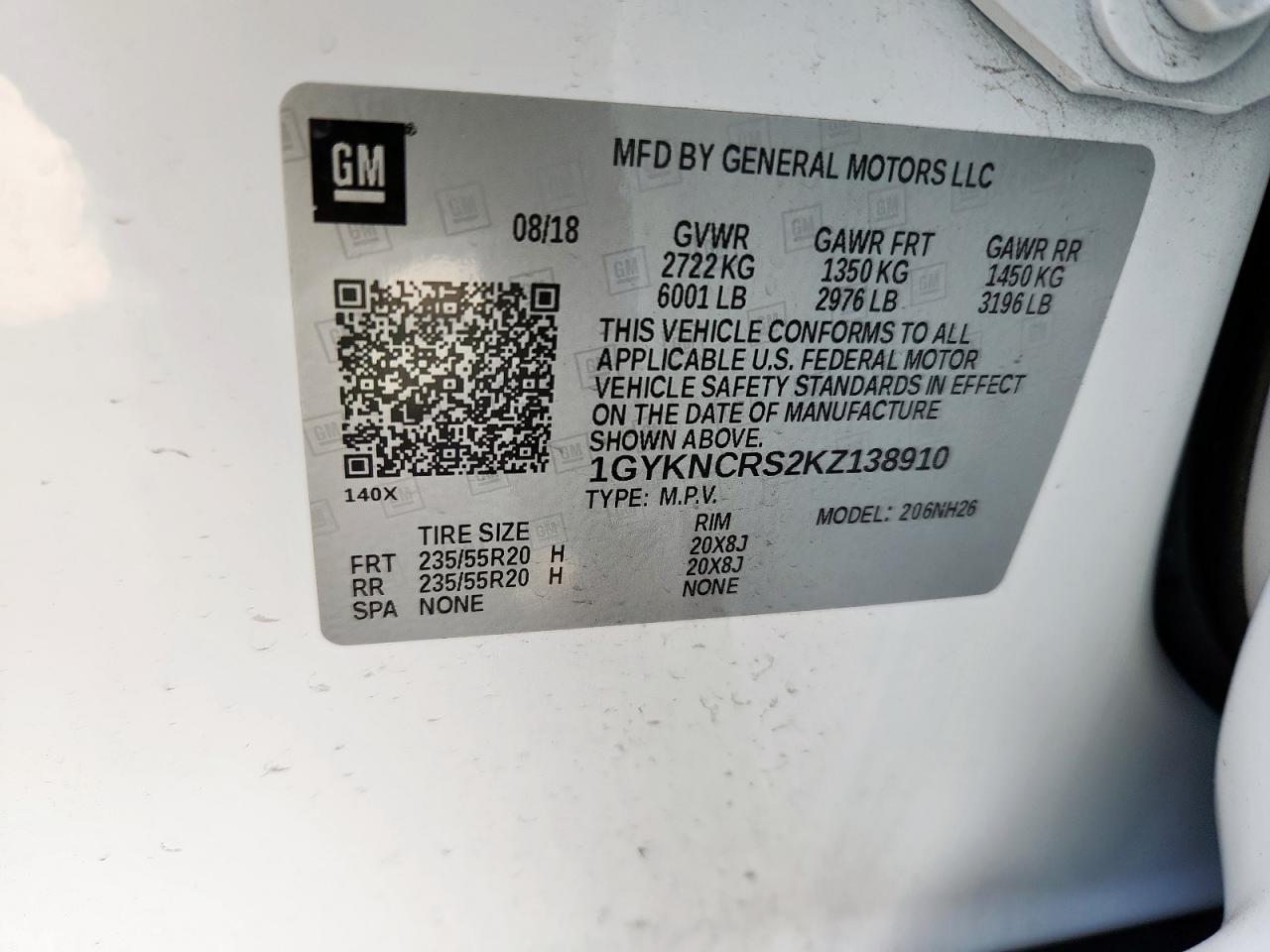 2019 Cadillac Xt5 Luxury VIN: 1GYKNCRS2KZ138910 Lot: 83864635