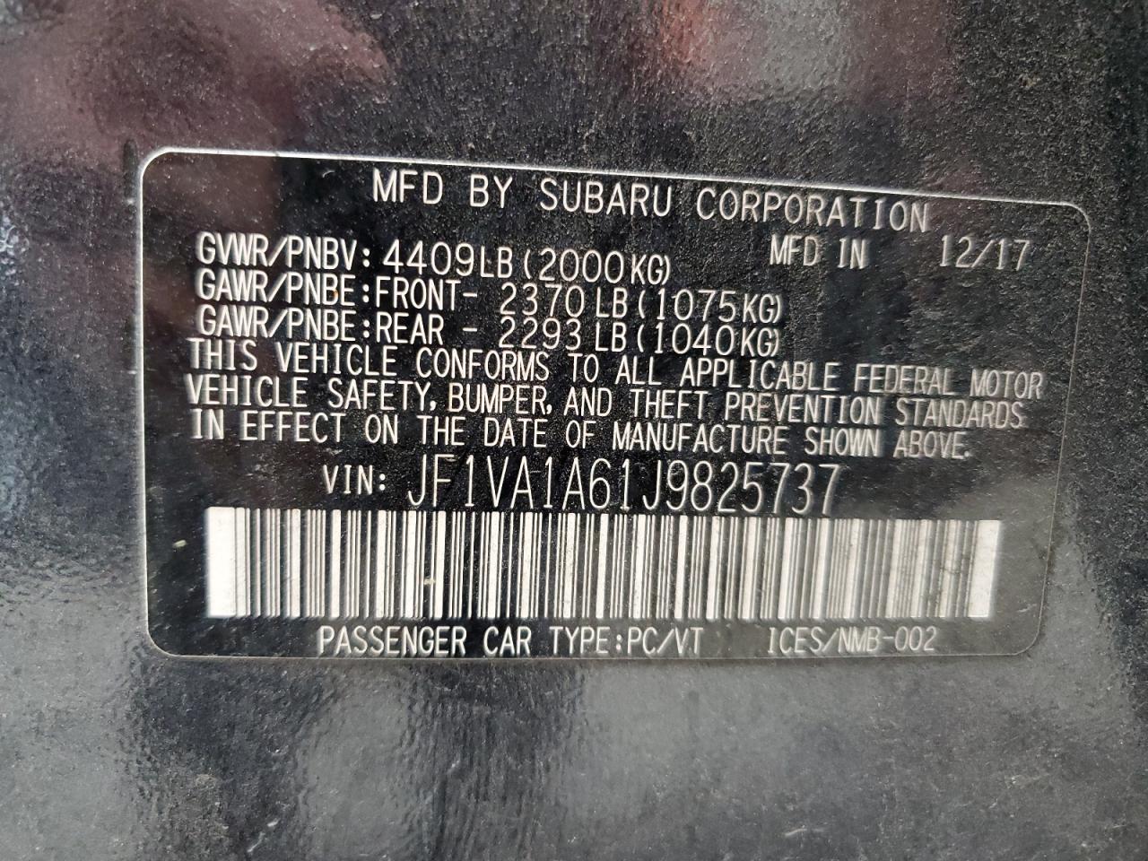 2018 Subaru Wrx VIN: JF1VA1A61J9825737 Lot: 84255425