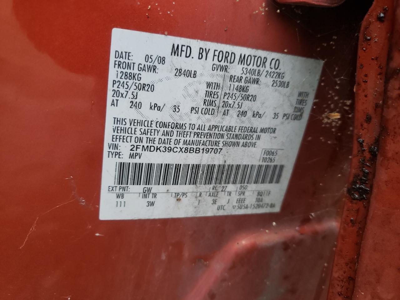 2008 Ford Edge Limited VIN: 2FMDK39CX8BB19707 Lot: 80957255