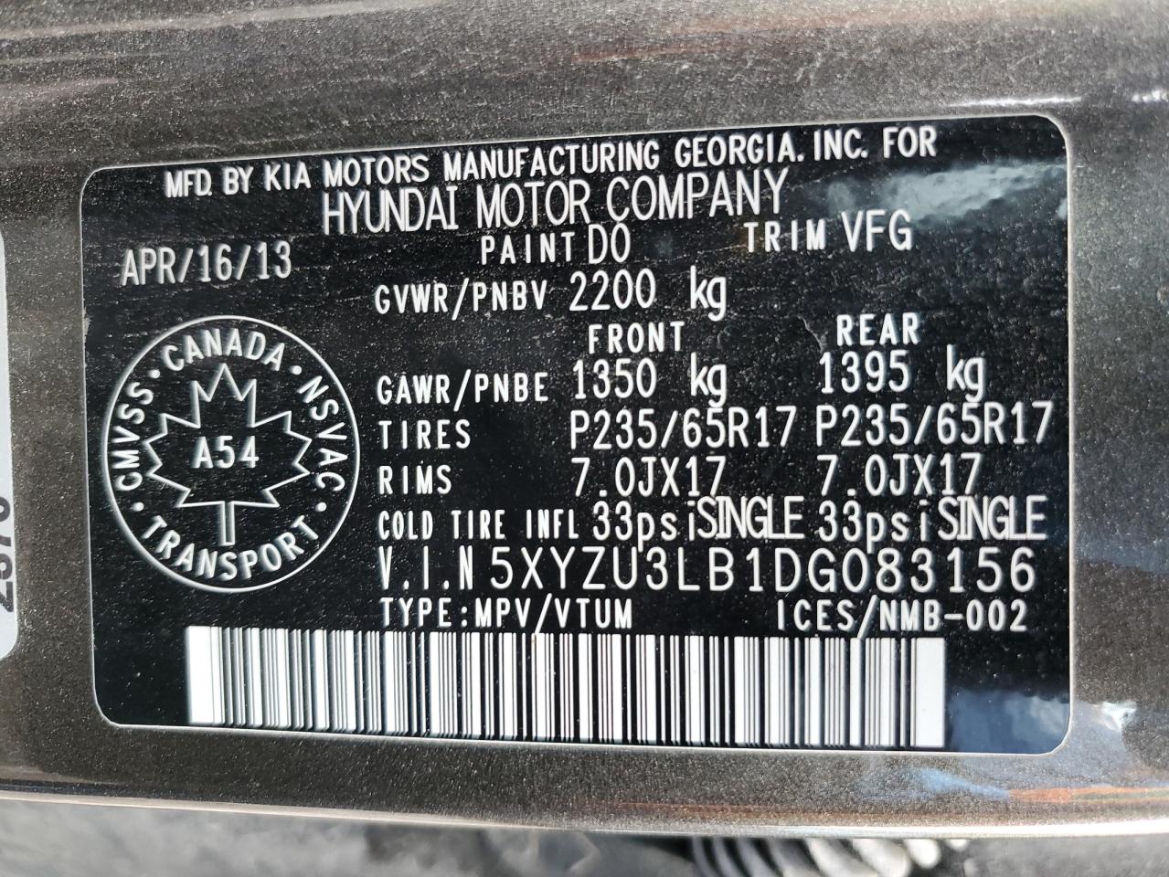 2013 Hyundai Santa Fe Sport VIN: 5XYZU3LB1DG083156 Lot: 81509825