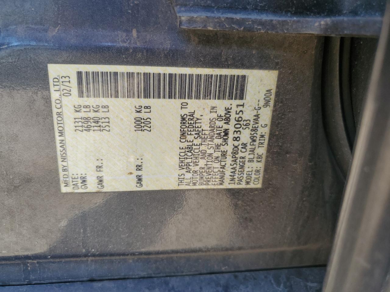 2013 Nissan Maxima S VIN: 1N4AA5AP8DC830651 Lot: 80846645