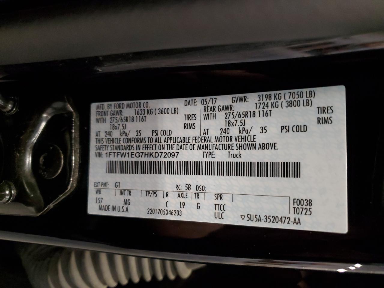 2017 Ford F150 Supercrew VIN: 1FTFW1EG7HKD72097 Lot: 80082365