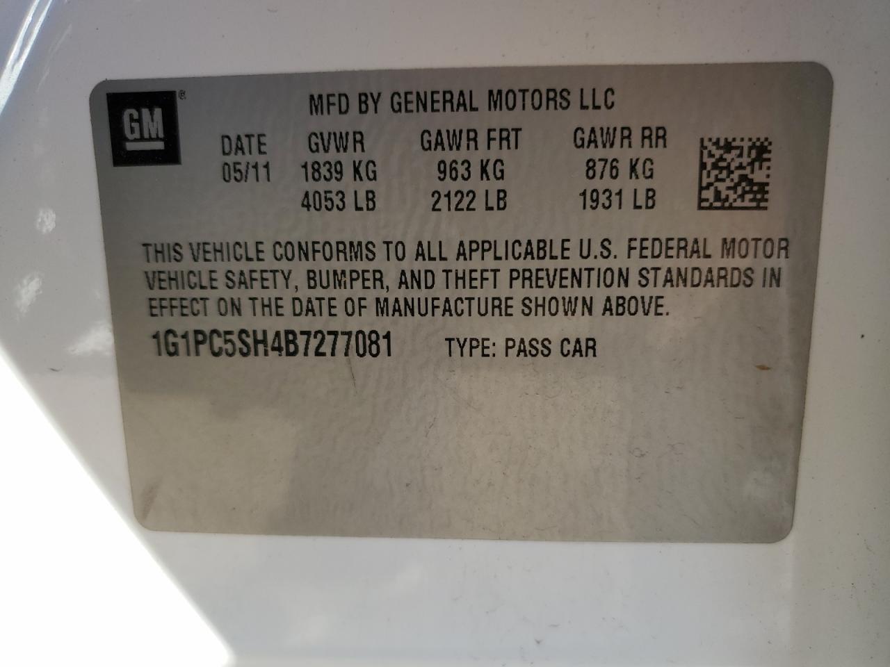 2011 Chevrolet Cruze Ls VIN: 1G1PC5SH4B7277081 Lot: 82164115