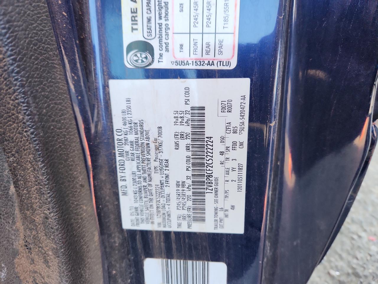 2012 Ford Mustang Gt VIN: 1ZVBP8CF2C5222224 Lot: 81094865