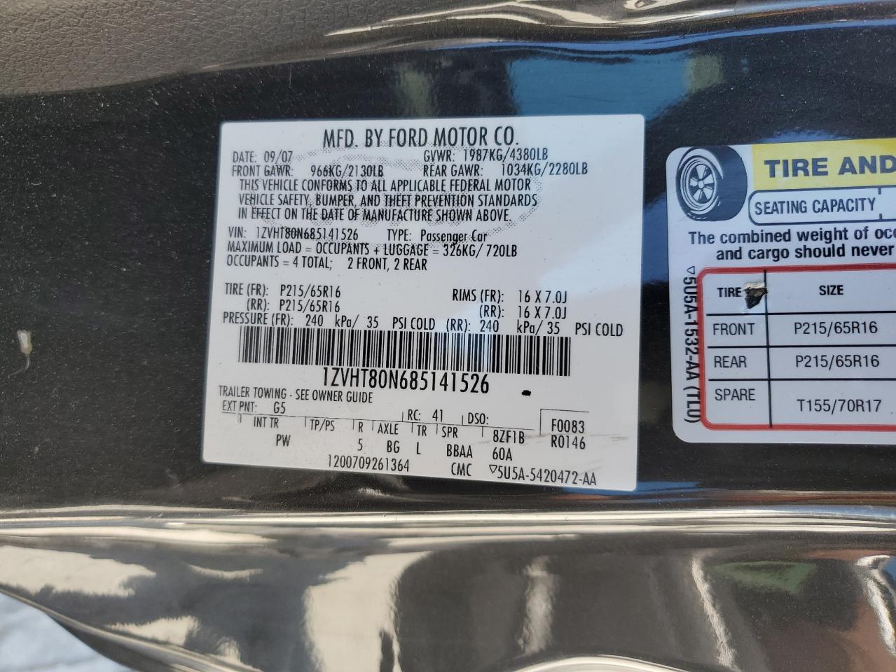 2008 Ford Mustang VIN: 1ZVHT80N685141526 Lot: 72014865