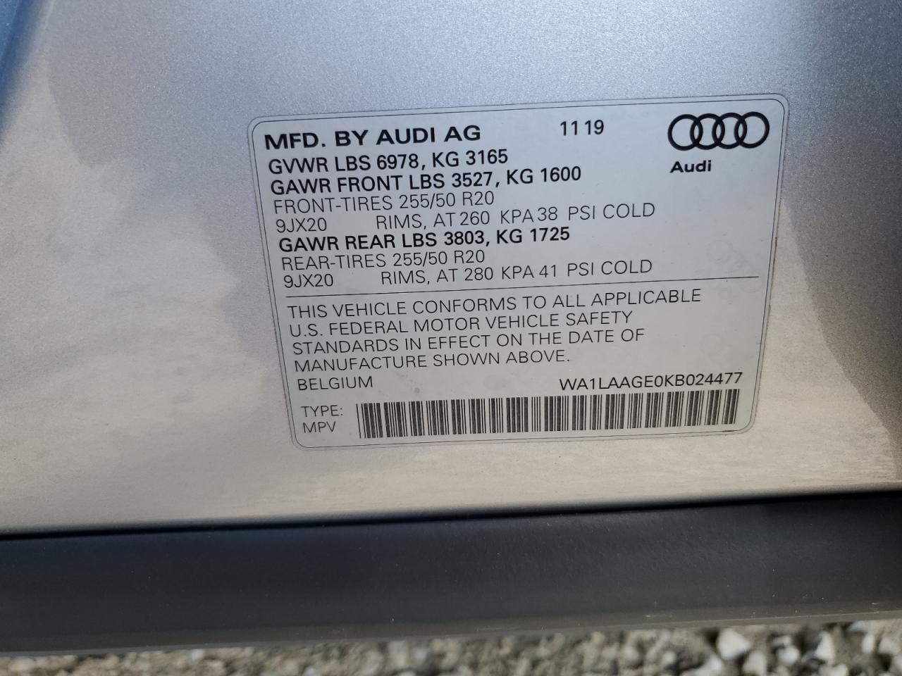 2019 Audi E-Tron Premium Plus VIN: WA1LAAGE0KB024477 Lot: 84453735