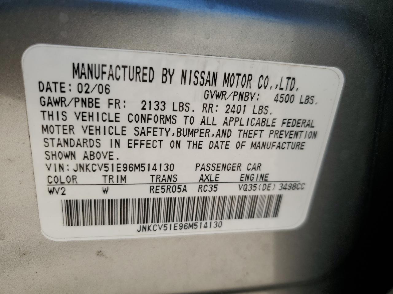 2006 Infiniti G35 VIN: JNKCV51E96M514130 Lot: 80638925