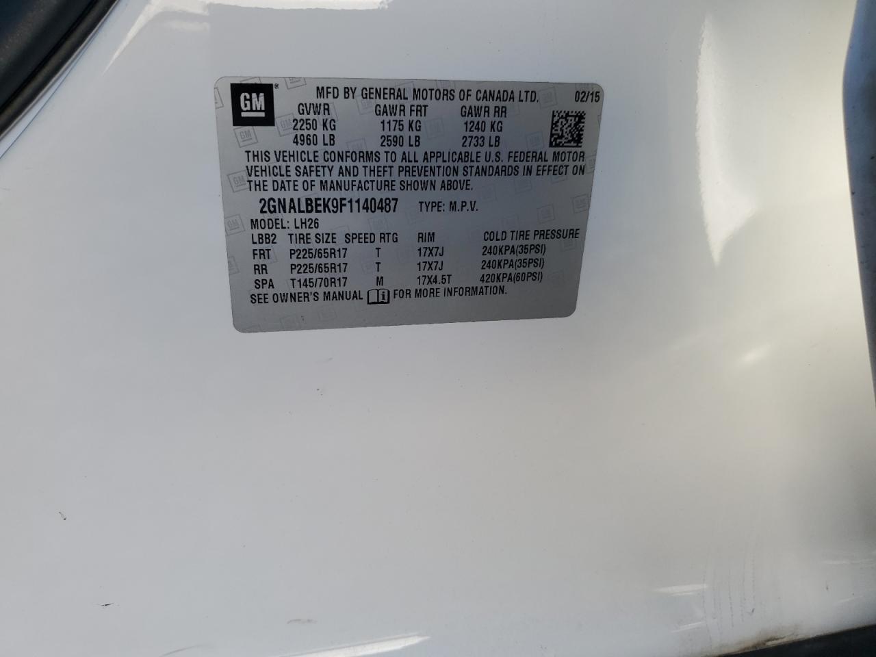 2015 Chevrolet Equinox Lt VIN: 2GNALBEK9F1140487 Lot: 71960475